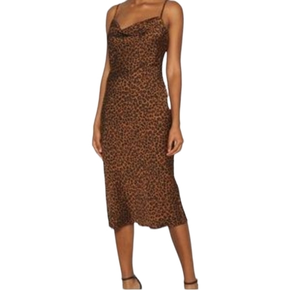 Good American Brown Black Chai Leopard Satin Midi Slip Dress woven Intimate - Picture 1 of 16